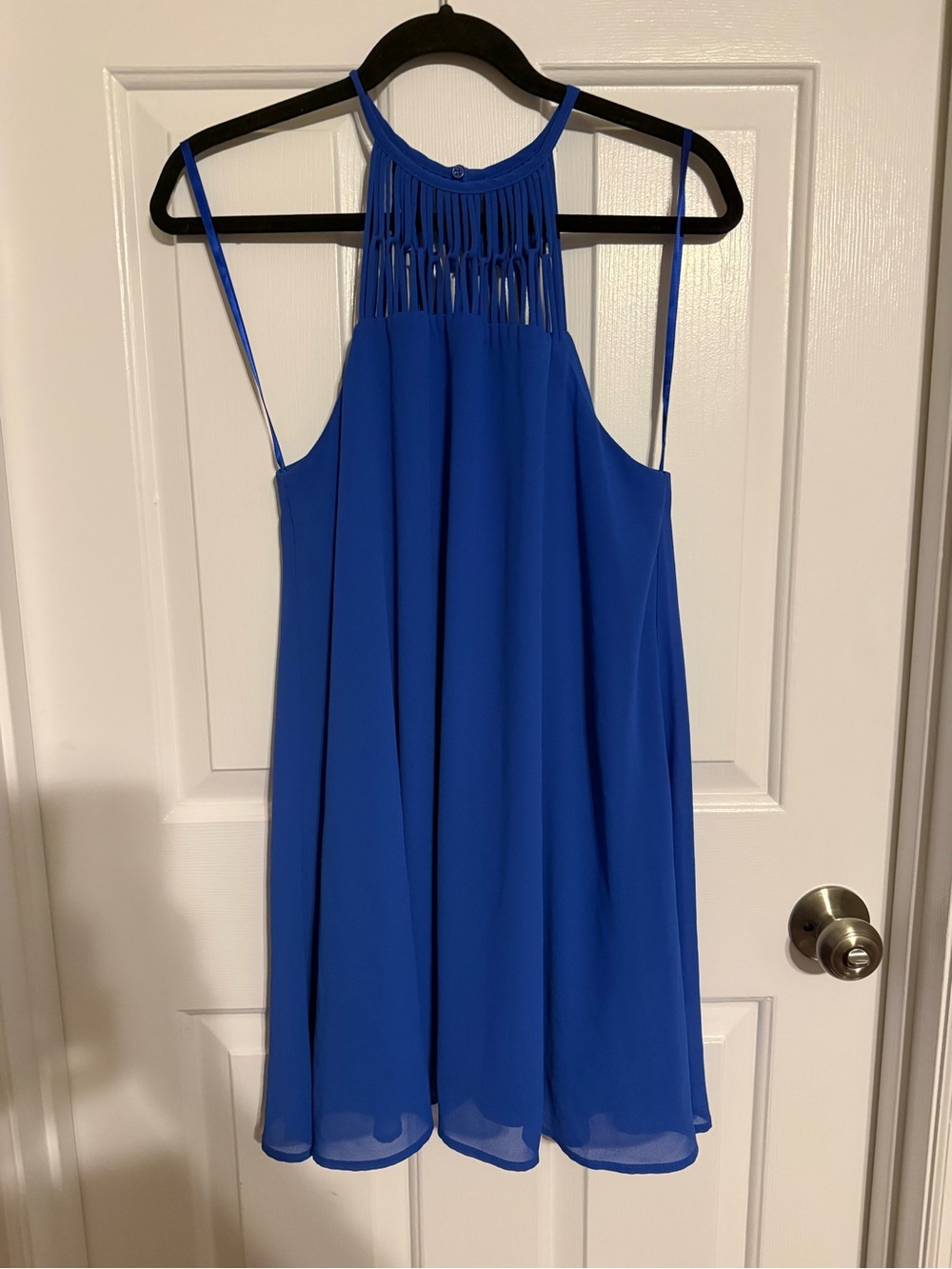 Lulus Royal Blue Macrame Cage Neck Swing Mini Dress - Medium